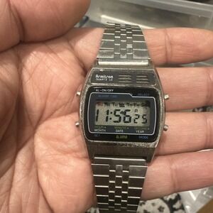 Working Vtg ARMITRON Quartz Alarm Chrono Silver Mens Watch 34mm Fit 7 -All Work!